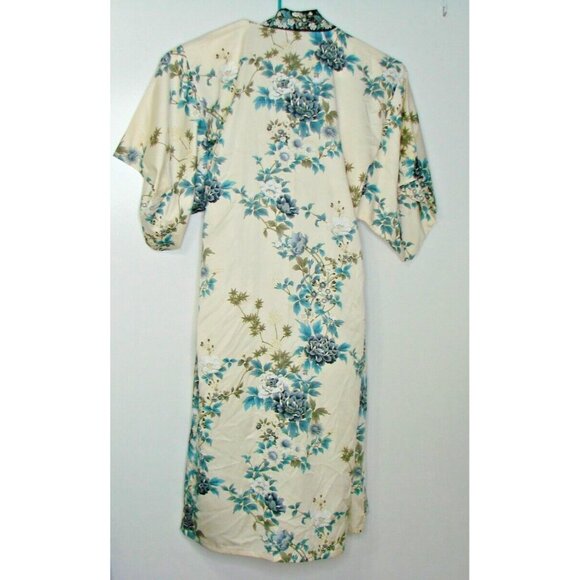 Vtg Made in Japan Blue Green Floral Open Kimono Robe Polyester Asian Gown One Sz - Picture 4 of 12
